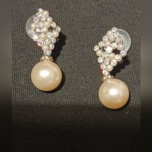 Vintage Carolee Drop Pearl And Rhinestone Pierced Earrings Baby Pink Blush Tones